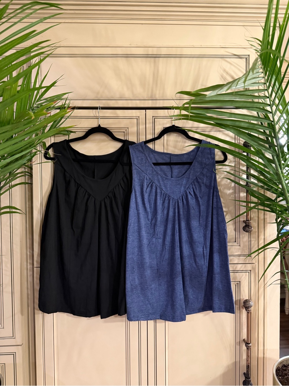 Bundle 2 NEW Sleeveless Gathered Yoke Tank Top Shirts Black Blue Loose fit Flowy